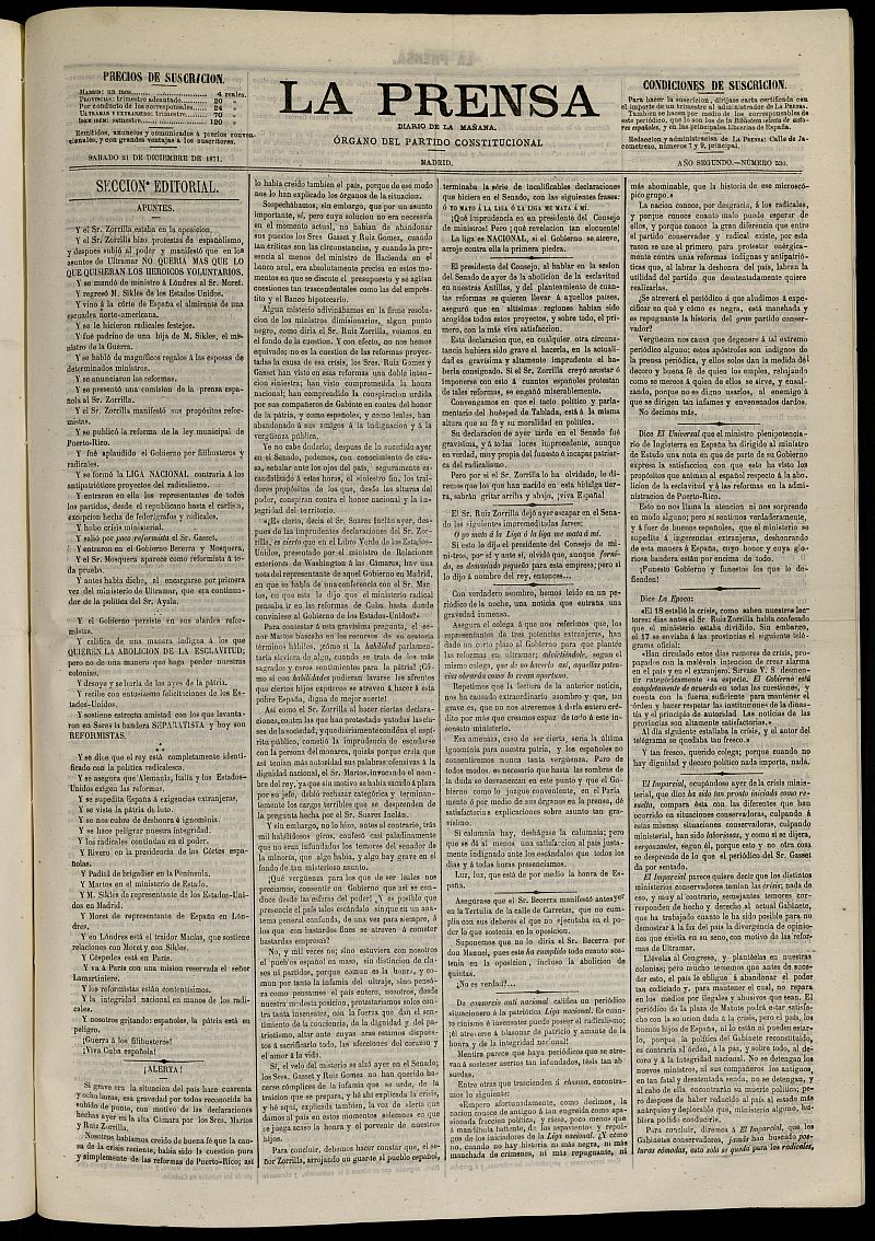 La Prensa : diario de la maana : poltico, literario y de noticias del 21 de diciembre de 1871, n 530