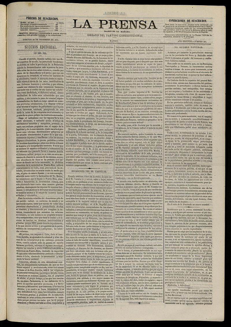 La Prensa : diario de la maana : poltico, literario y de noticias del 22 de diciembre de 1871, n 531