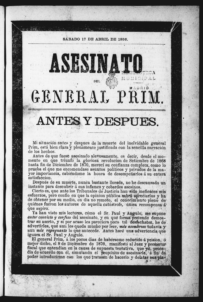 Asesinato del General Prim. Sbado 17 de abril de 1886