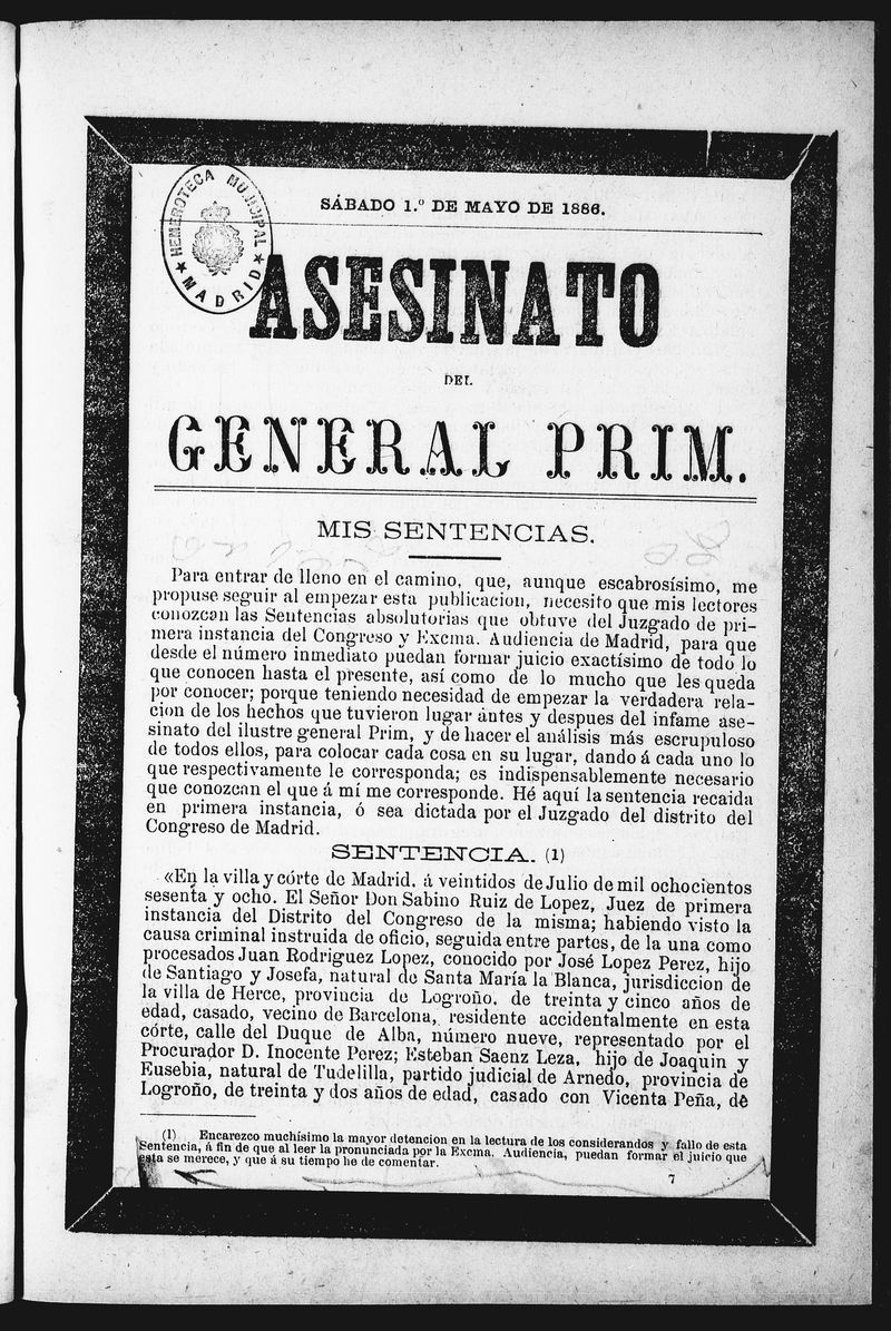 Asesinato del General Prim. Sbado 1 de mayo de 1886