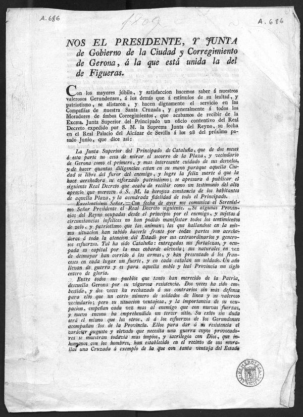 Nos el Presidente, y Junta de Gobierno de la Ciudad y Corregimiento de Gerona,  la que est unida la del de Figueras
