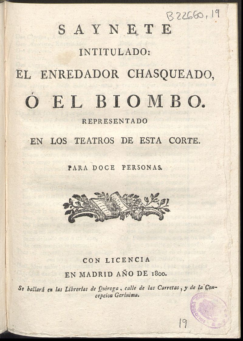 Saynete intitulado El enredador chasqueado, o el biombo
