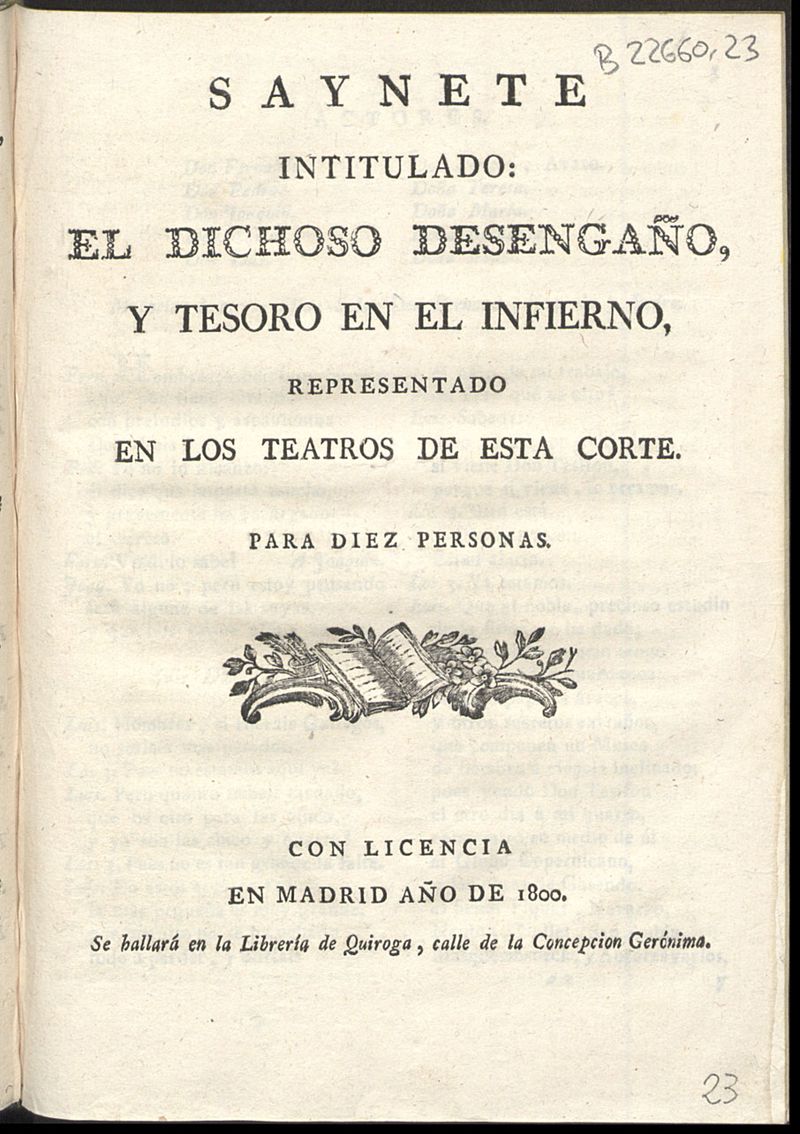 Saynete intitulado El dichoso desengao, y tesoro en el infierno