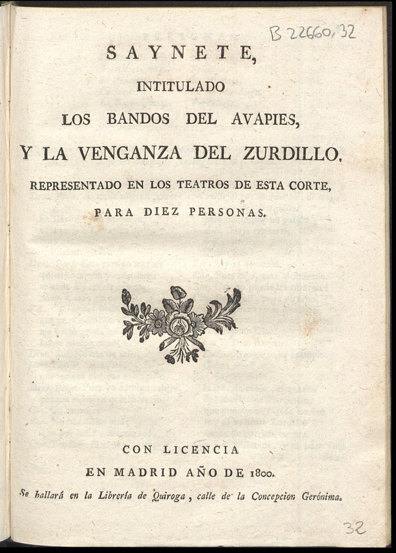 Saynete intitulado Los bandos del Avapis, y la venganza del zurdillo