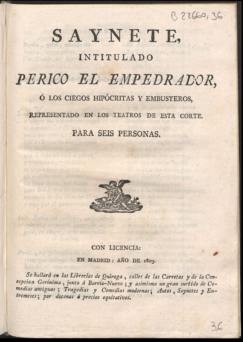 Saynete intitulado Perico el empedrador, o los ciegos hipcritas y embusteros