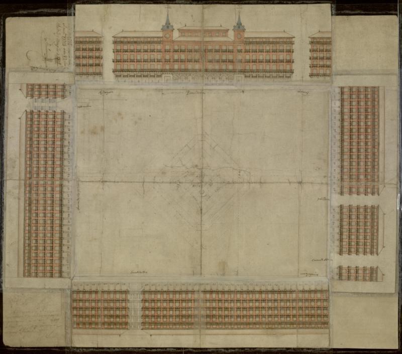 Planta y alzado de las cuatro fachadas de la Plaza Mayor, con indicacin de los dueos y vecinos