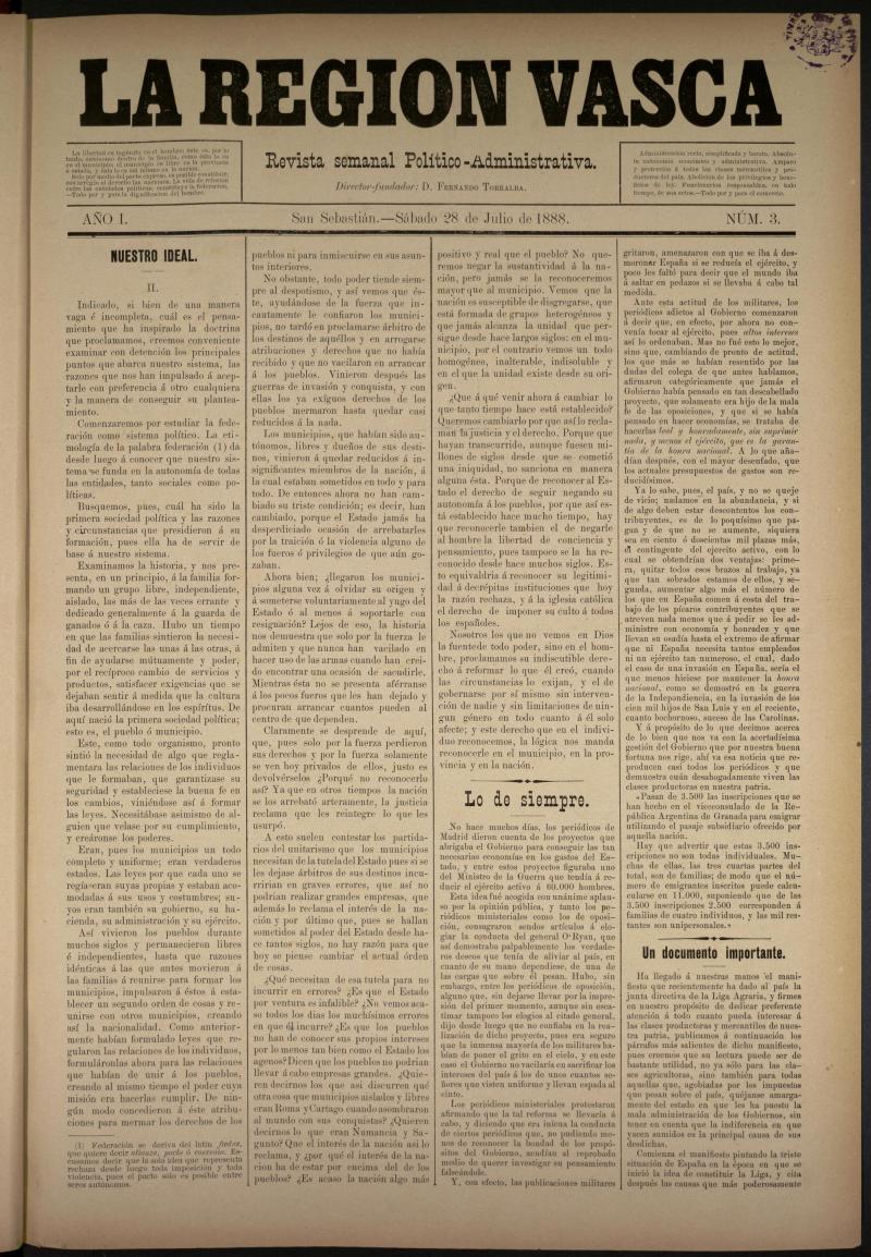La Regin Vasca : revista semanal poltico-administrativa del 28 de julio de 1888. Nmero 3.