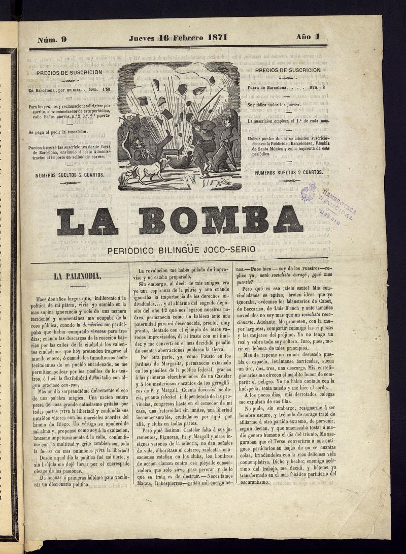 La Bomba: peridico bilinge joco-serio del jueves 16 de febrero de 1871, n 9