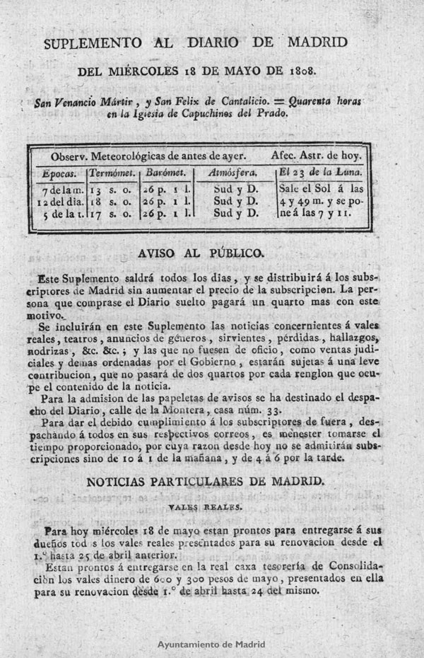 Diario de Madrid del mircoles 18 de Mayo de 1808