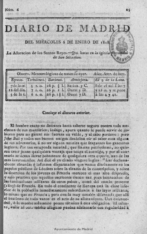 Diario de Madrid del mircoles 6 de Enero de 1808