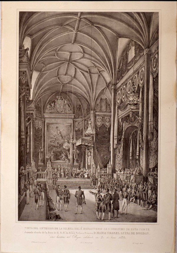 Vista del interior de la iglesia de real monasterio de San Jernimo de esta corte durante el acto de la Jura de S.A.R.. la Srma. Seora Princesa D. mara Isabel Luisa de Borbn. 
