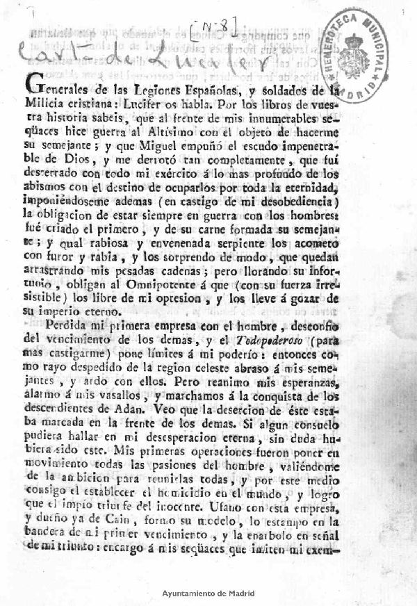 Generales de las Legiones Espaolas, y soldados de la Milicia cristiana: Lucifer os habla...