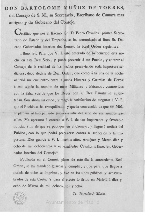 Real Orden en la que se tranquiliza a la poblacin ante los rumores de una posible huida de la Familia Real