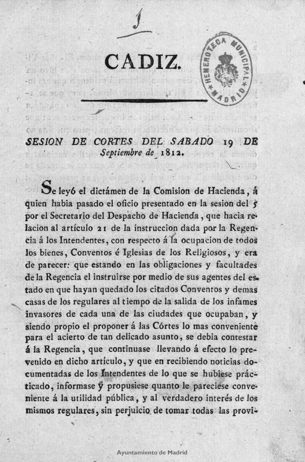 Cdiz. Sesin de Cortes del sbado 19 de septiembre de 1812