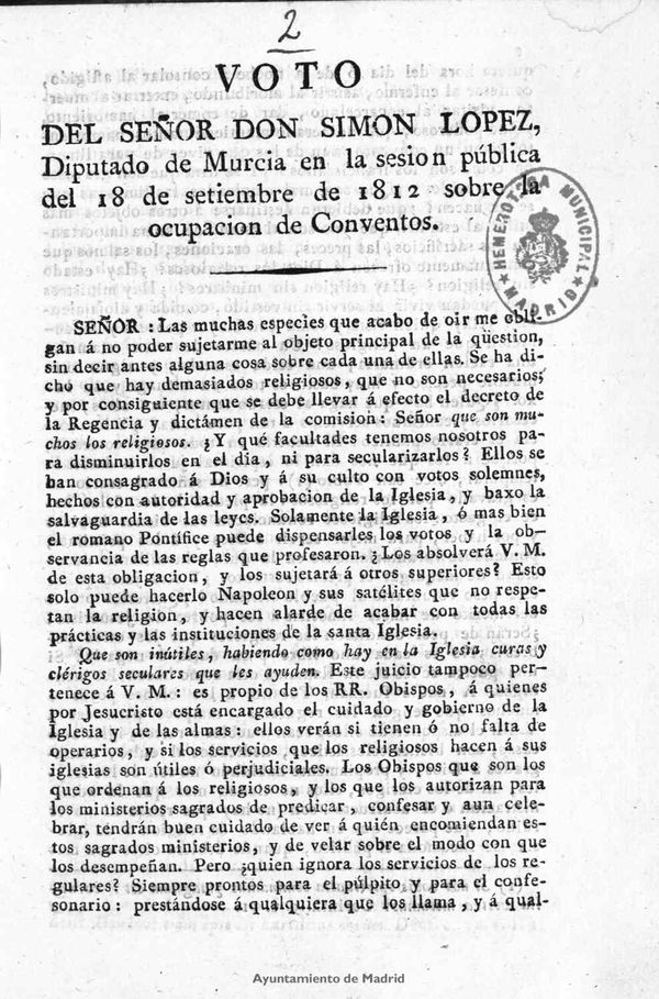 Voto del señor don Simón López, Diputado de Murcia en la sesión pública del 18 de setiembre de 1812 sobre la ocupación de Conventos - Reimp.