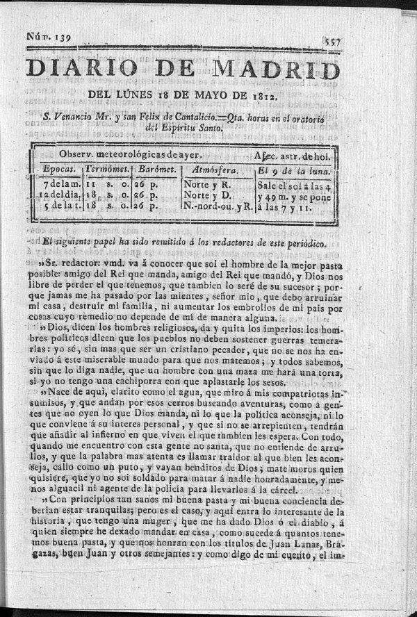 Diario de Madrid del lunes 18 de Mayo de 1812