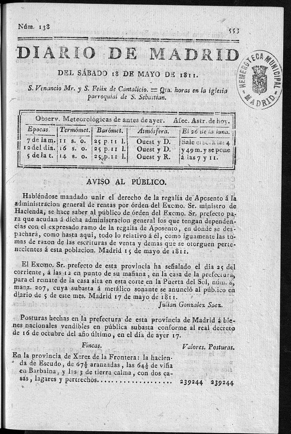 Diario de Madrid del sbado 18 de Mayo de 1811