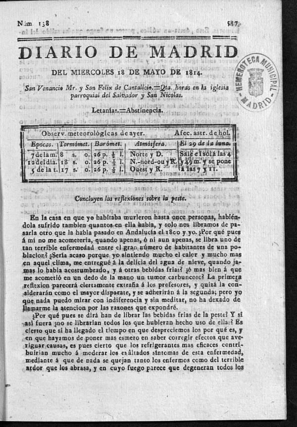 Diario de Madrid del mircoles 18 de Mayo de 1814
