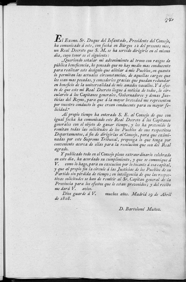 El Excmo. Sr. Duque del Infantado, Presidente del Consejo, ha comunicado  este, con fecha en Brgos 12 del presente mes, un Real Decreto...