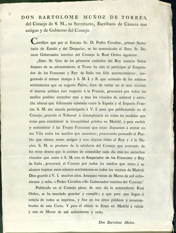 Comunicacin pblica de la Real Orden en la que Fernando VII afirma su deseo de estrechar lazos de amistad con Francia
