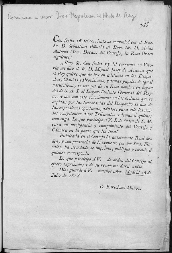 Comunicacin de la orden para utilizar el ttulo de Jos I en todos los documentos oficiales. 