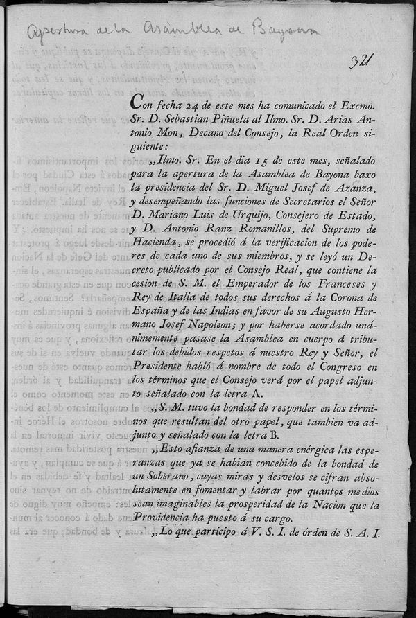 Comunicacin que da cuenta de la apertura de la Asamblea de Bayona