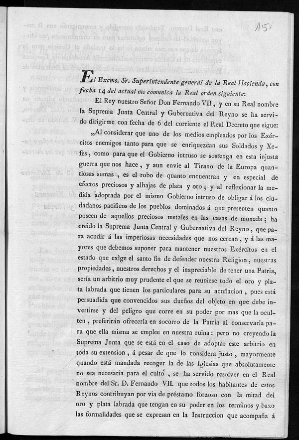 Comunicacin de la Real orden que establece el prstamo forzoso de la mitad del oro y plata labrada que los ciudadanos tengan en su poder para la causa de la Guerra