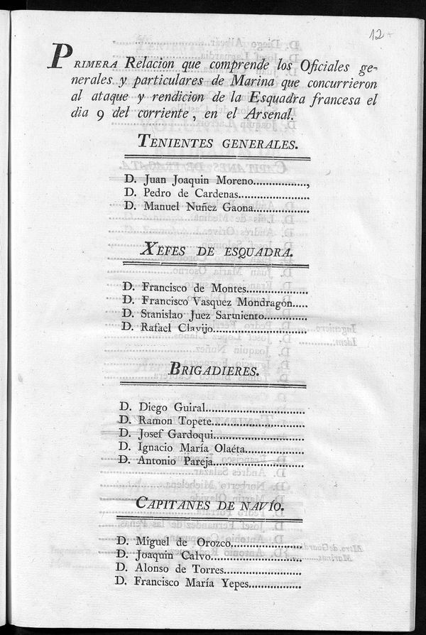 Primera Relacin que comprende los Oficiales generales y particulares de Marina que concurrieron al ataque y rendicin de la Esquadra francesa el dia 9 del corriente, en el Arsenal