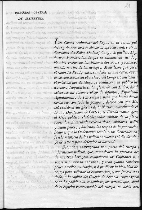 Las cortes ordinarias del reyno en la sesin pb[lica] del 19 de este mes se sirvieron aprobar...que se exhumaran... los restos de...Daoiz y Velarde