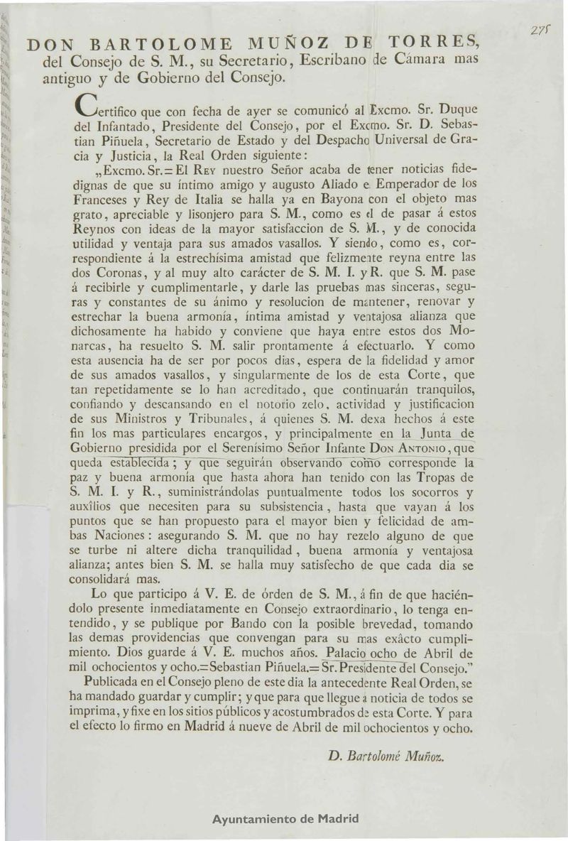 Bando en el que se comunica el viaje de Fernando VII a Bayona