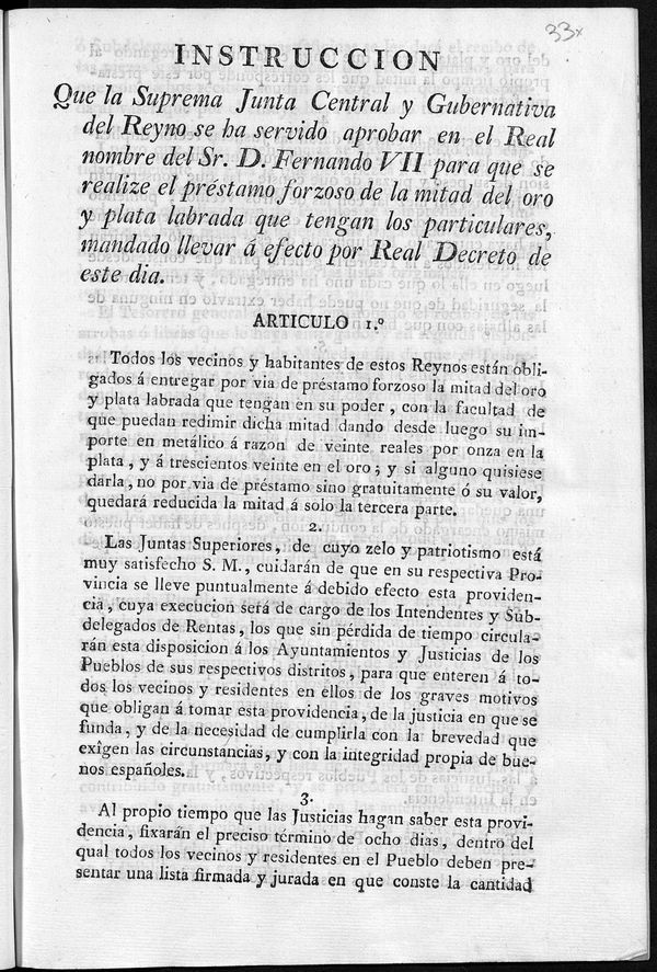 Instruccin de la Junta Central y Gubernativa del Reino para que se realice el el prstamo forzoso de la mitad del oro y plata labrada que tengan los particulares