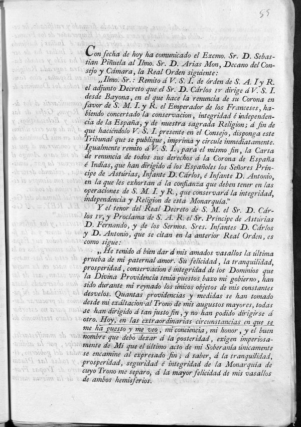 Comunicacin del decreto firmado por el rey Carlos IV en Bayona renunciando a la corona en favor de Napolen