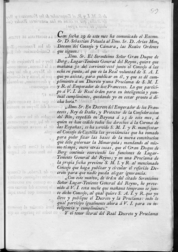 Traslado del Decreto de Napolen por el que convoca una asamblea de nobles en Bayona el da 15 de junio para preparar una nueva constitucin y ratifica como lugarteniente General al Duque de Berg y al resto de ministros les confirma sus cargos