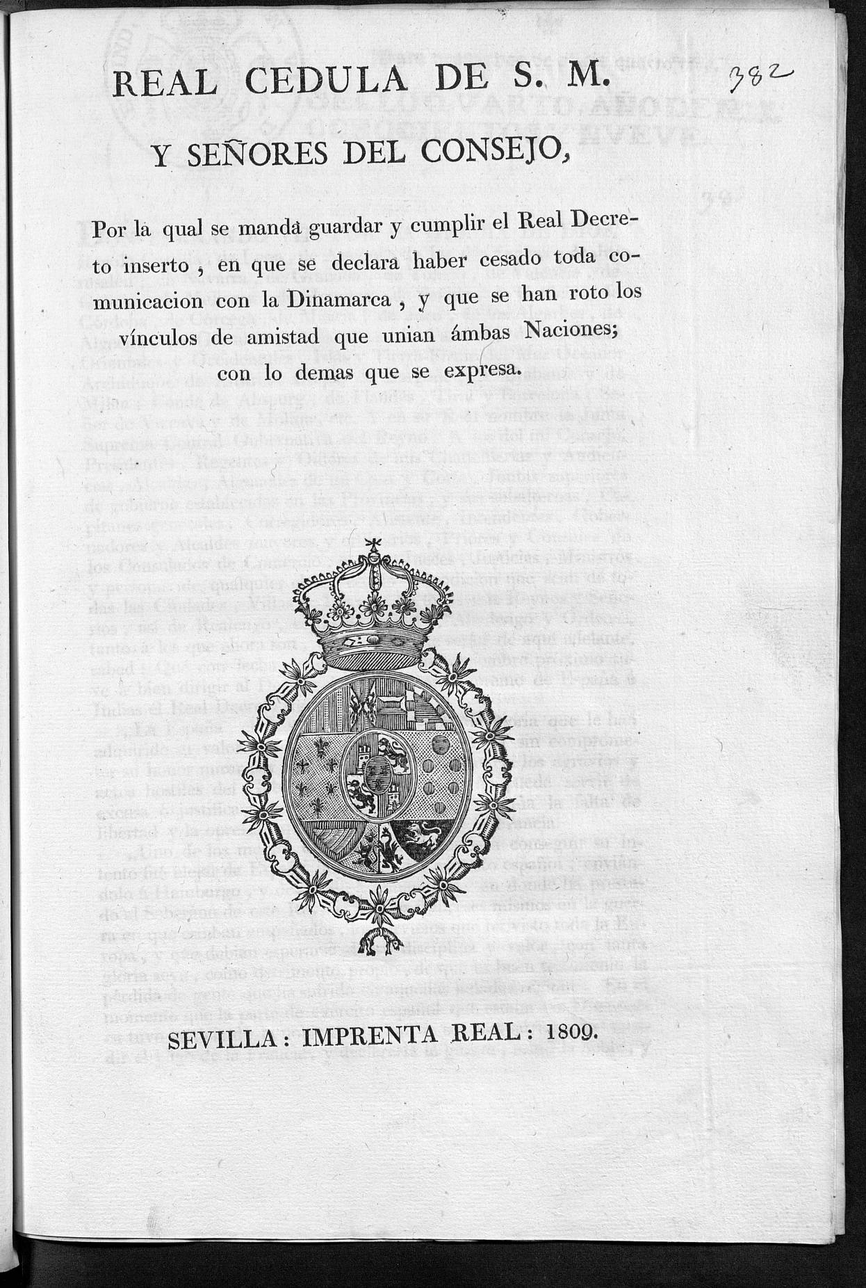 Real Cdula por la que se comunica la ruptura de relaciones con Dinamarca