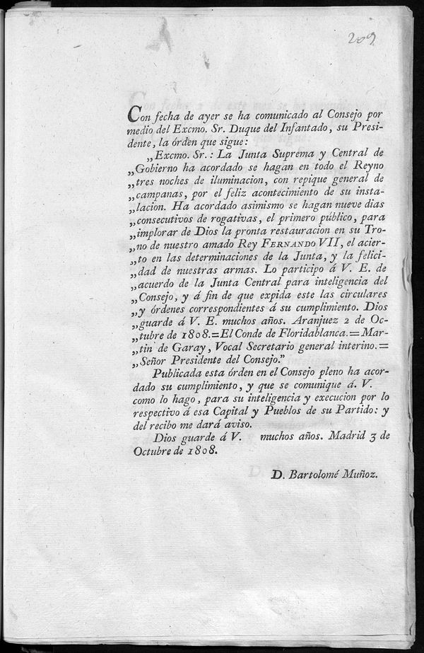 Traslado de la Orden de la Junta Central al Consejo por la que se manda la iluminacin y repique de campanas durante 3 das con motivo de su instalacin (de la Junta) y rogativas para la restauracin en el trono de Fernando VII