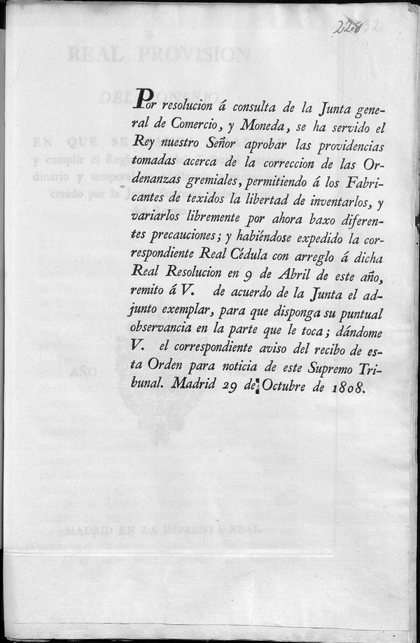 Escrito de remisin de un ejemplar de la correccin de las ordenanzas gremiales para su observancia. (Falta la Real Cdula).