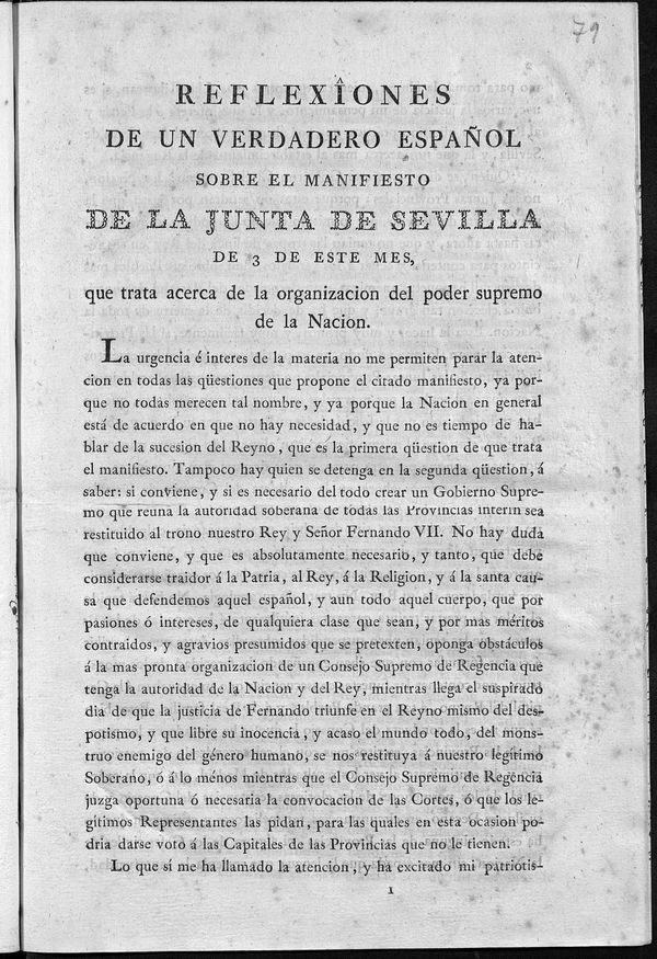 Reflexiones de un verdadero espaol sobre el manifiesto de la Junta de Sevilla de 3 de este mes, que trata acerca de la organizacin del poder supremo de la nacin