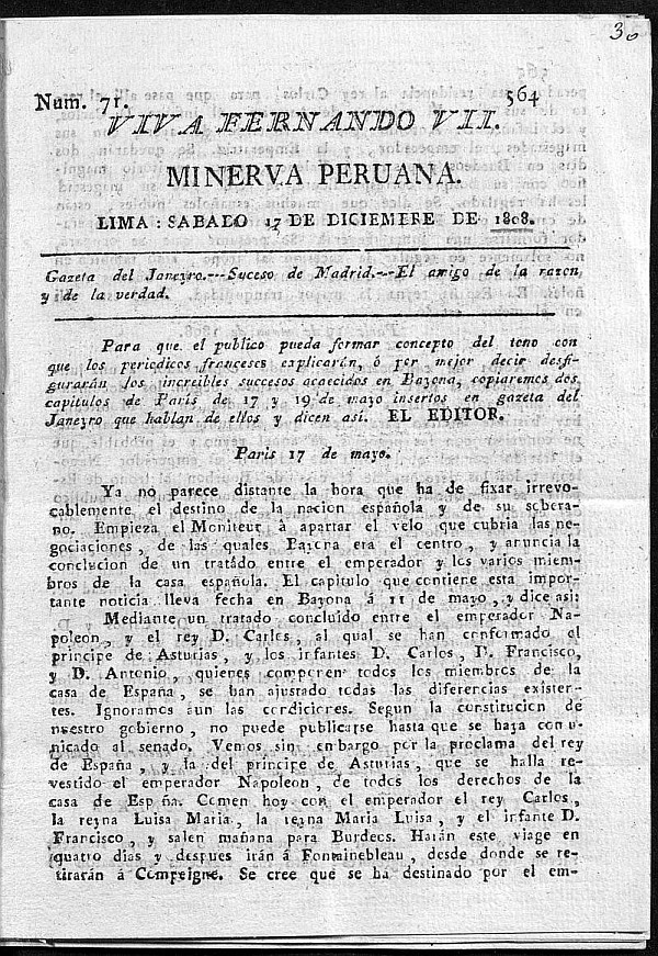 Minerva peruana del 17 diciembre de 1808