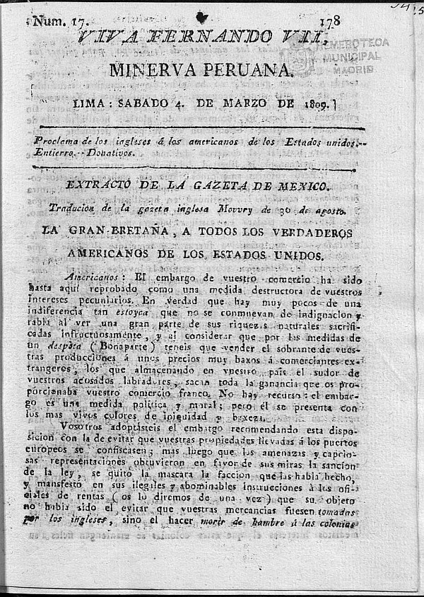 Minerva peruana del 4 de Marzo de 1809