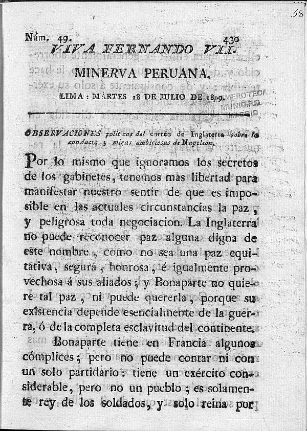 Minerva peruana del 18 de Julio de 1809