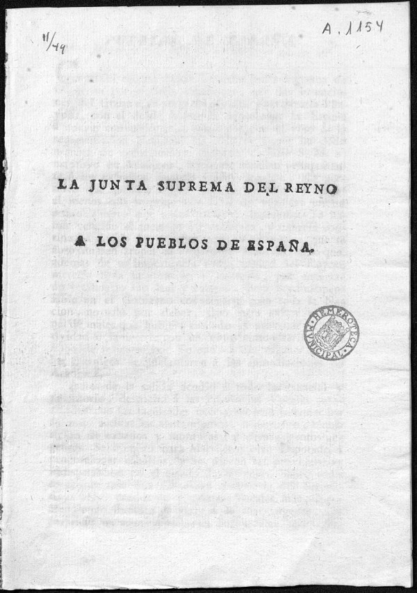 La Junta Suprema del Reyno a los pueblos de Espaa / Junta Suprema Central