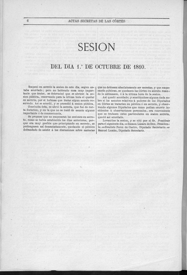Actas de las Sesiones Secretas de las Cortes Generales Extraordinarias de la nacin Espaola... (del 1al 31 de octubre de 1810)