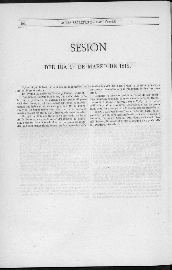 Actas de las Sesiones Secretas de las Cortes Generales Extraordinarias de la nacin Espaola... (del 1 al 31 de marzo de 1811) 
