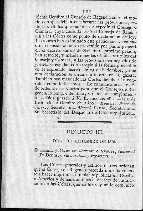 Decreto de 25/09/1810. Se mandan publicar los decretos anteriores, cantar el Te Deum, y hacer salvas y rogativas.