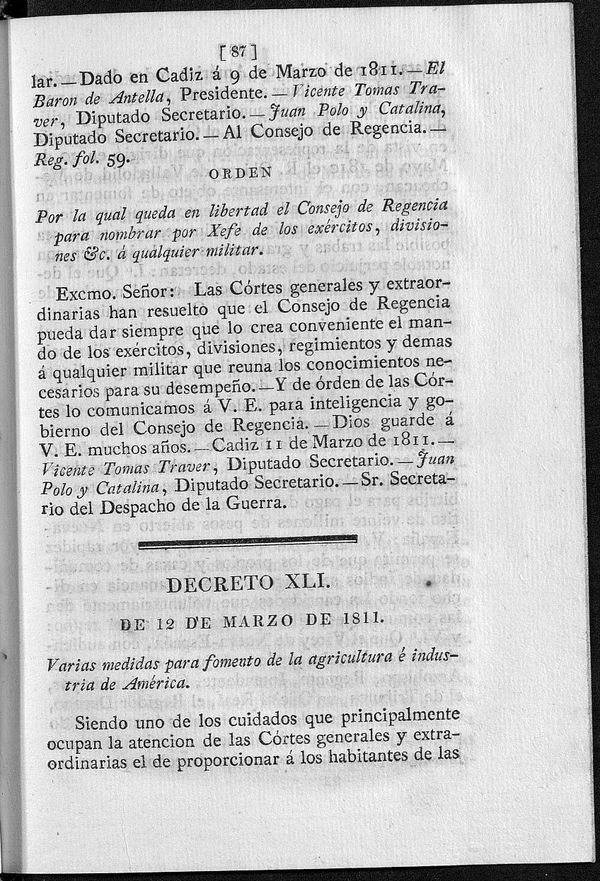 Decreto de 12/03/1811. Varias medidas para fomento de la agricultura  industria de Amrica