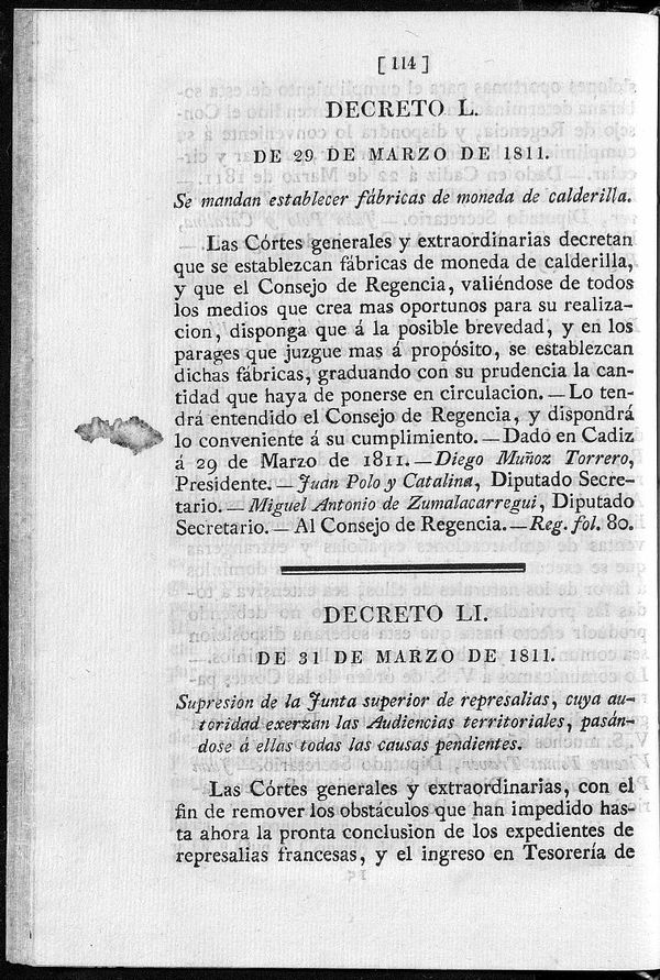 Decreto de 31/03/1811. Supresin de la Junta superior de represalias, cuya autoridad exerzan las Audiencias territoriales, pasndose  ellas todas las causas pendientes.