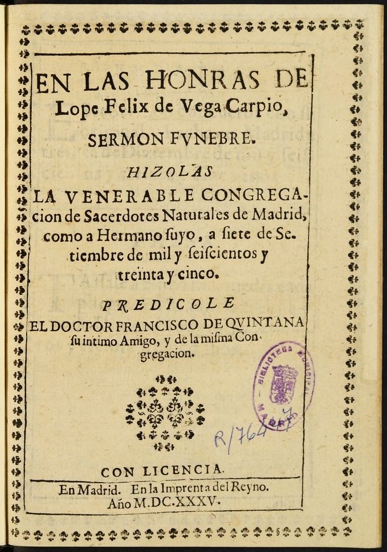 En las honras de Lope Flix de Vega Carpio sermn fnebre
