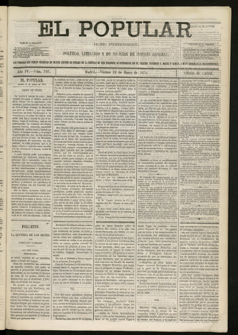 El Popular: diario independiente, poltico, literario y de noticias de inters general del 12 de enero de 1872, n 797