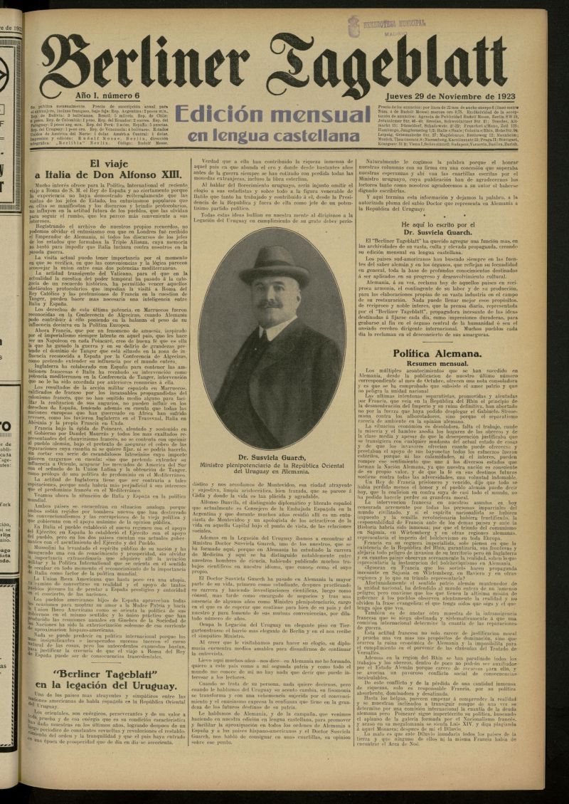 Berliner Tageblatt: edicin mensual en lengua castellana del 29 de noviembre de 1923, n 6