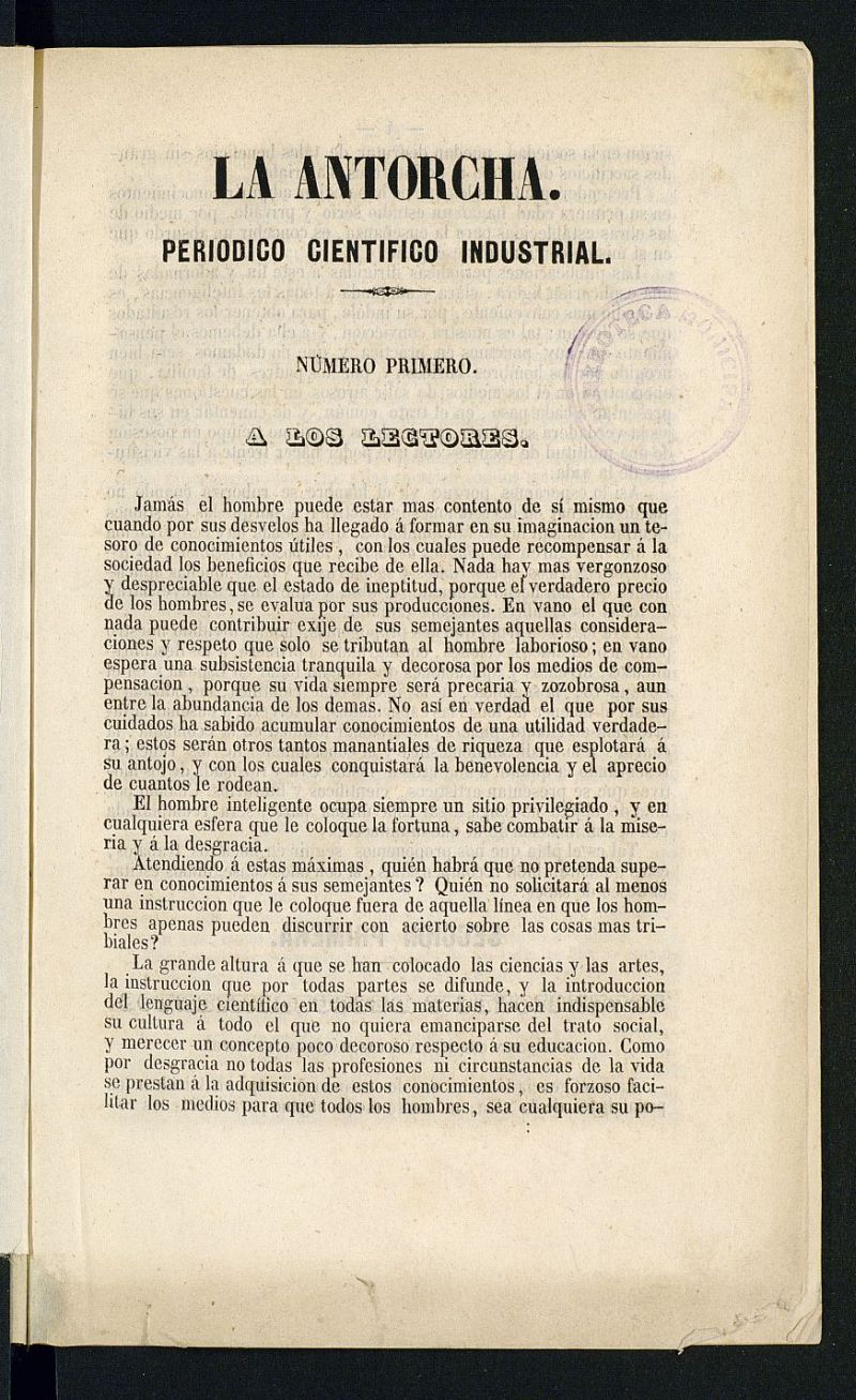 La Antorcha: peridico cientfico industrial del ao 1852, n 1